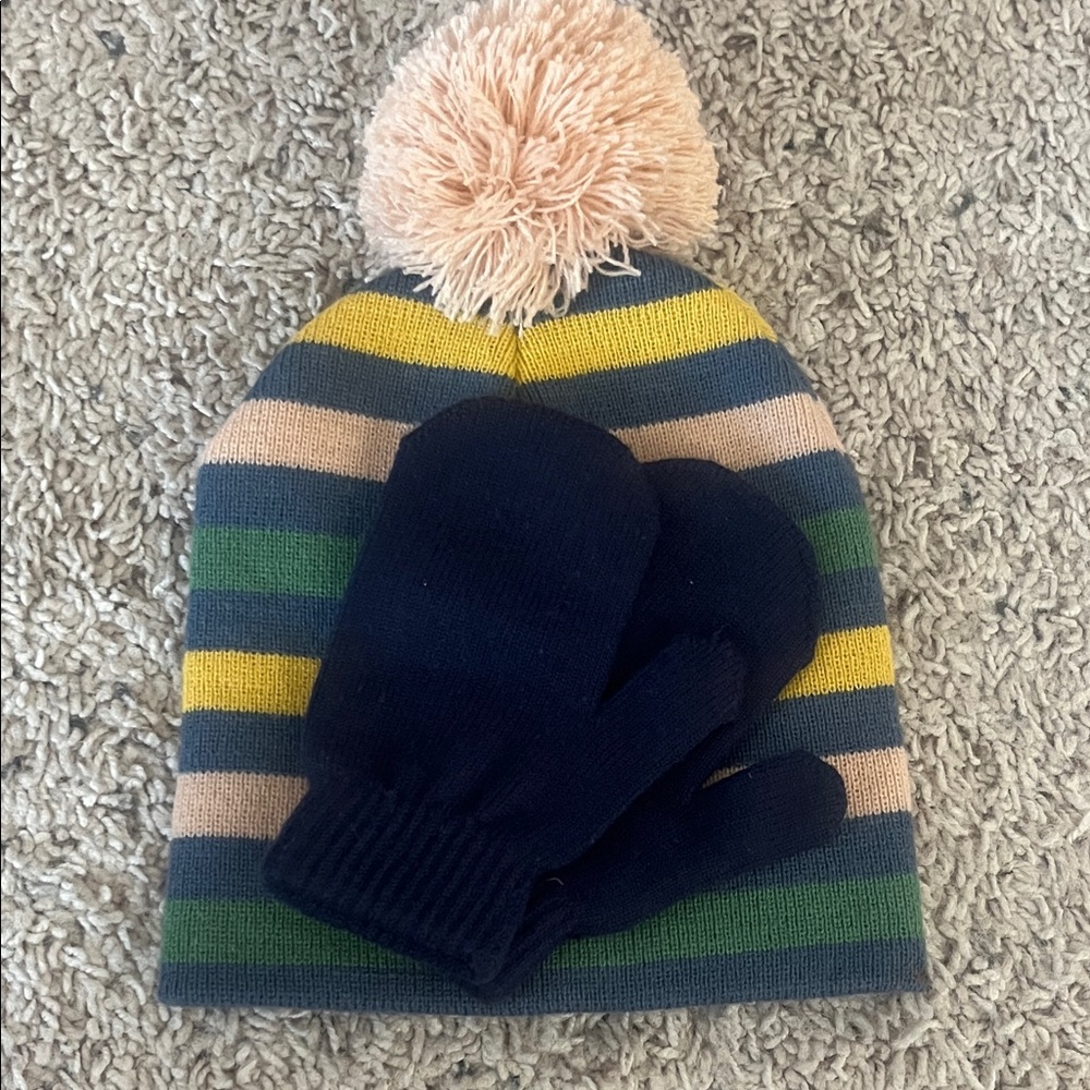 Striped Pom-Pom Beanie and Mittens Set